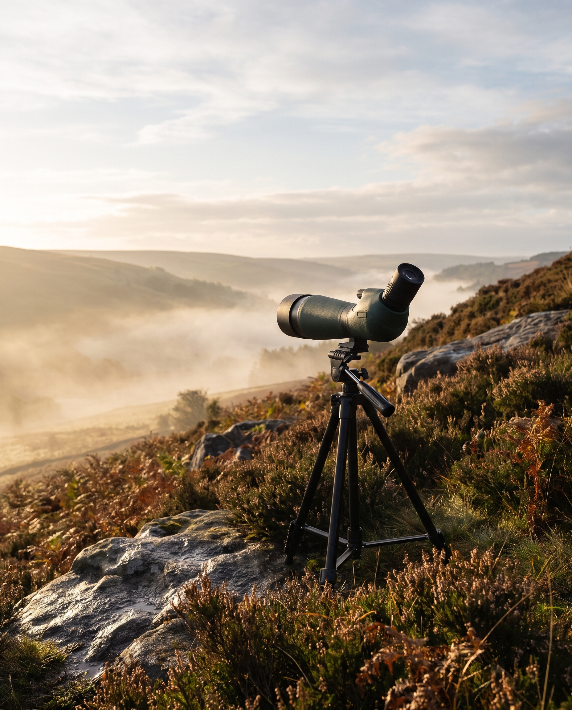 A spotting scope set up above a misted glen at first light Image
