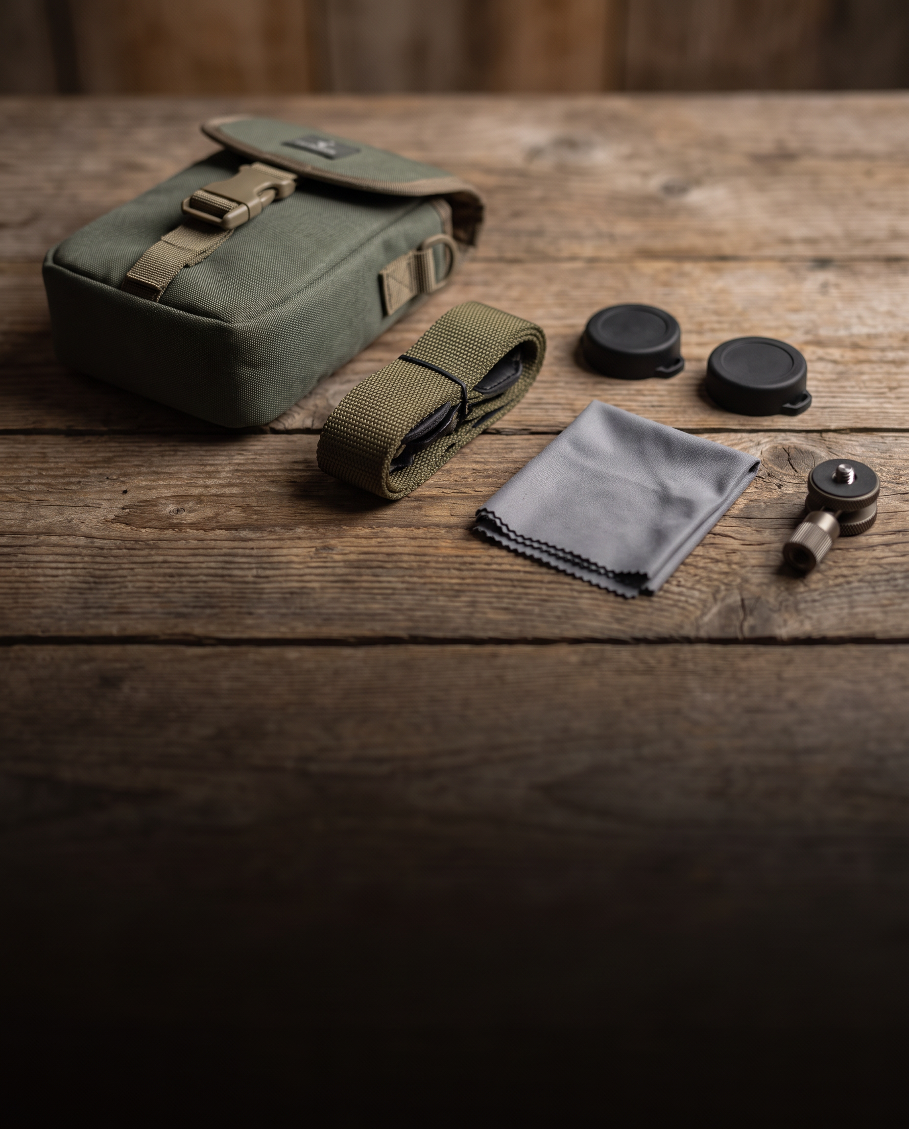 Optics accessories laid out on weathered wood Image