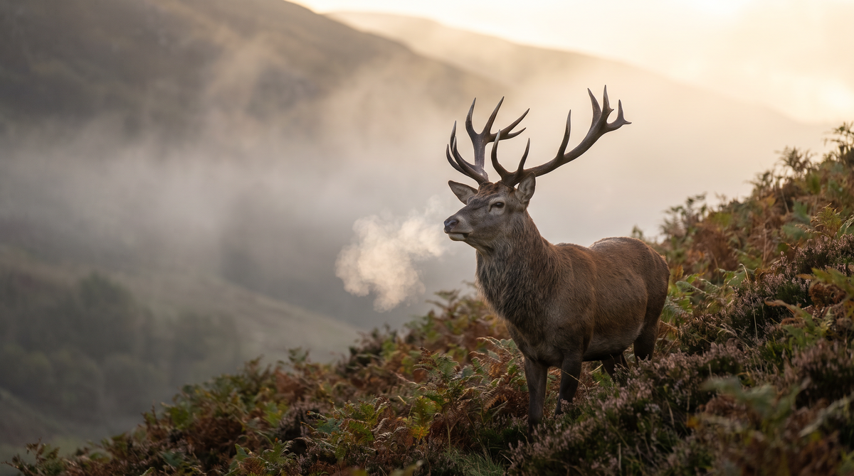 Red deer stag seen on a misty hillside