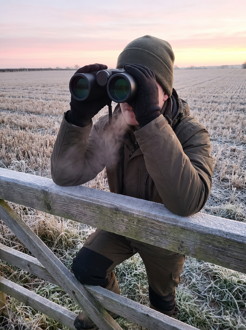 Scanning a frosted field with Bramwell Views binoculars