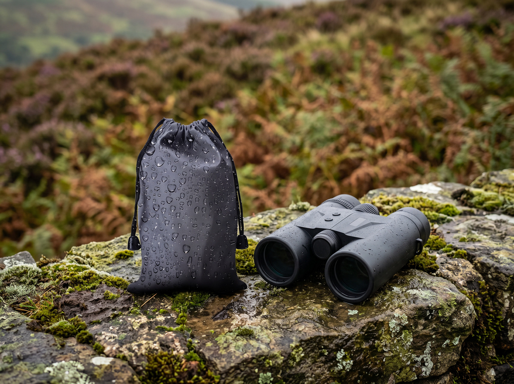 The kit on a mossy wall beside a pair of binoculars