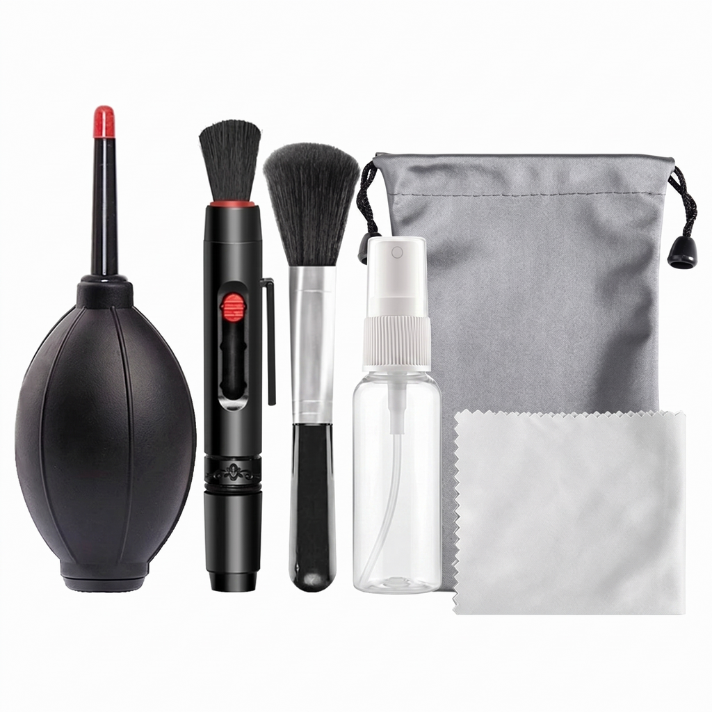The six pieces of the lens cleaning kit laid out
