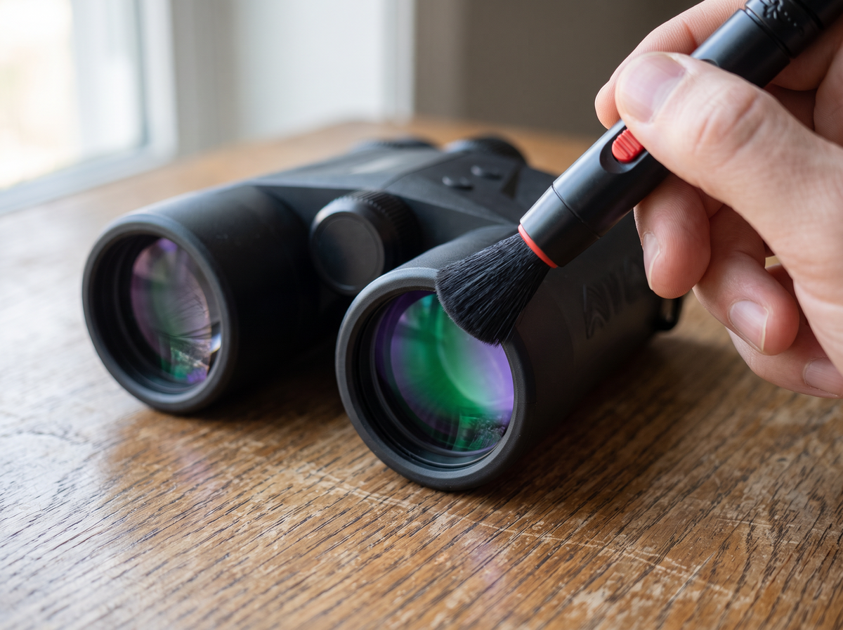 Cleaning a 42 mm objective lens with the lens pen