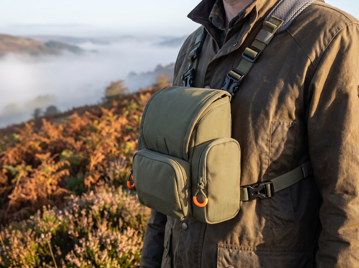 Hands free chest carry on a hillside in autumn