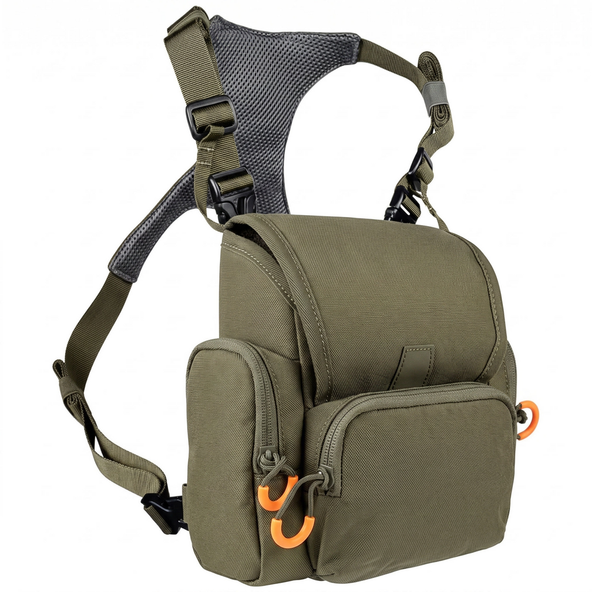 Army green binocular harness pack, front view
