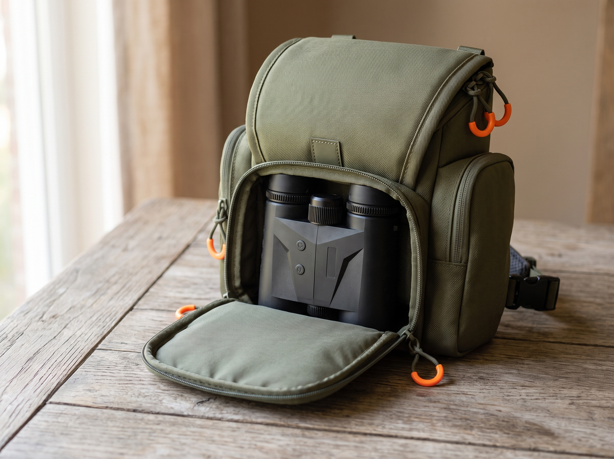 Harness pack open with a 10x42 binocular inside