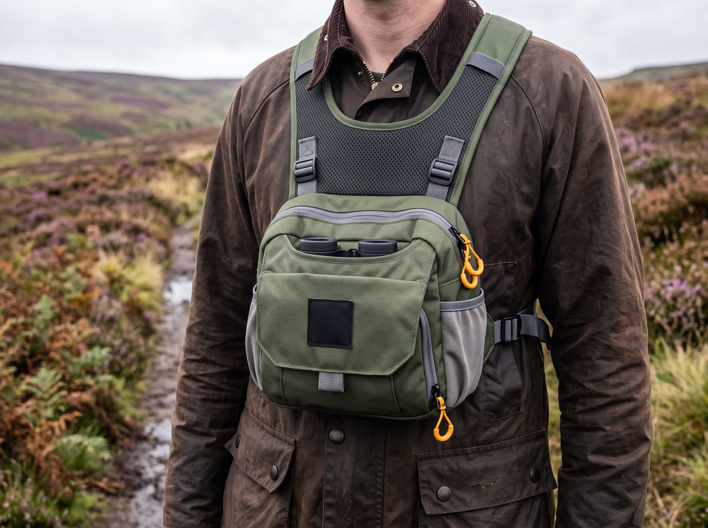 Harness pack worn across the chest on a moorland path