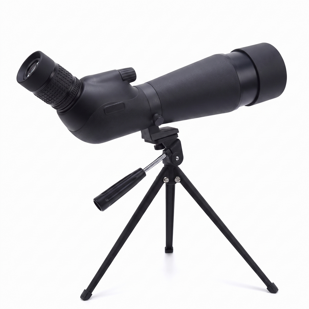 Black 80 mm angled spotting scope on its tripod