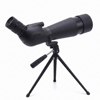 Black 80 mm angled spotting scope on its tripod