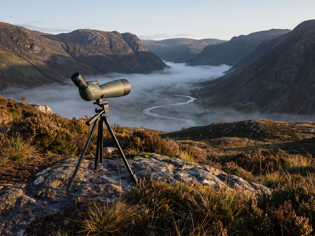Spotting scope set up above a misted glen at first light