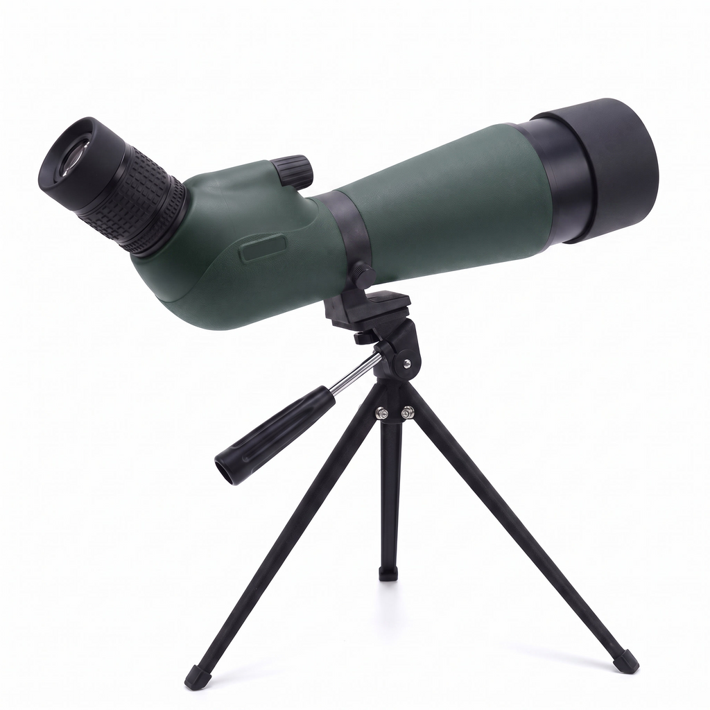Green 80 mm angled spotting scope on its tripod